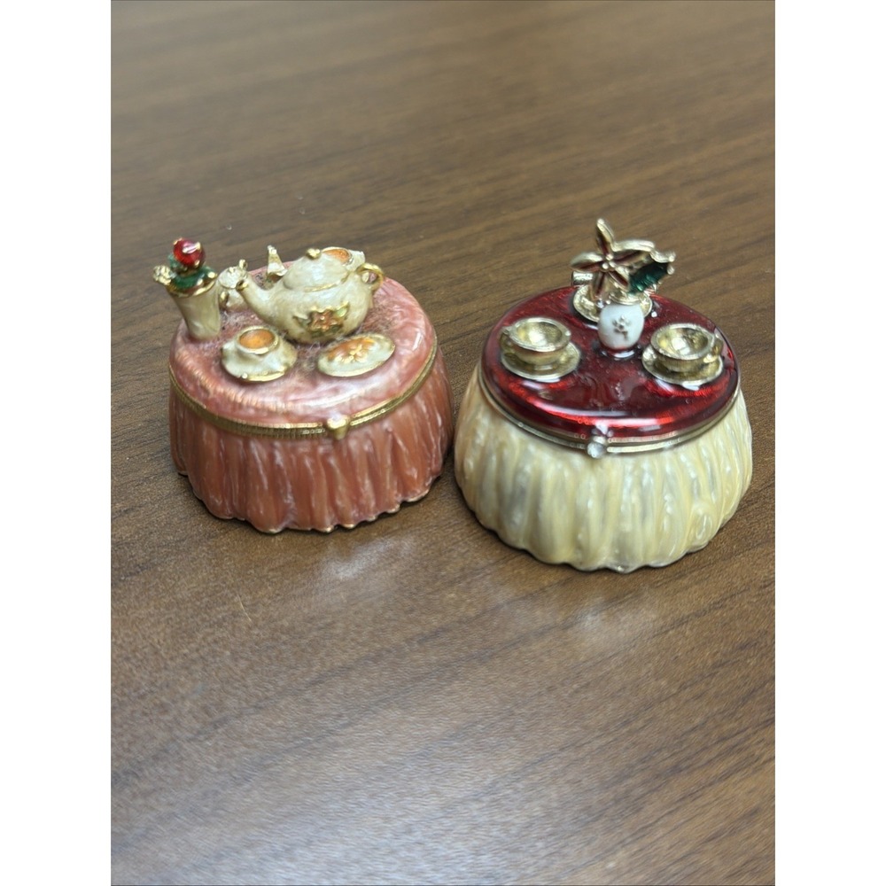 Monet & Jones New York Mini Trinket Boxes Tea Set Vanity Table Enamel Lot 2